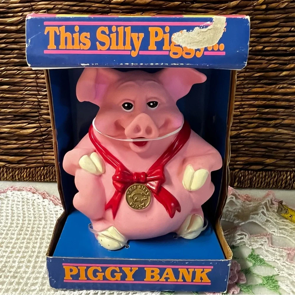 Vintage 1992 Happiness Express “This Silly Piggy” Pink Piggy Bank With Box